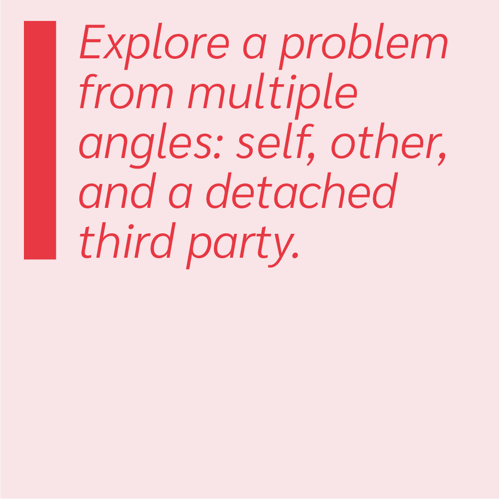 Explore a problem from multiple angles: self, other, and a detached third party.