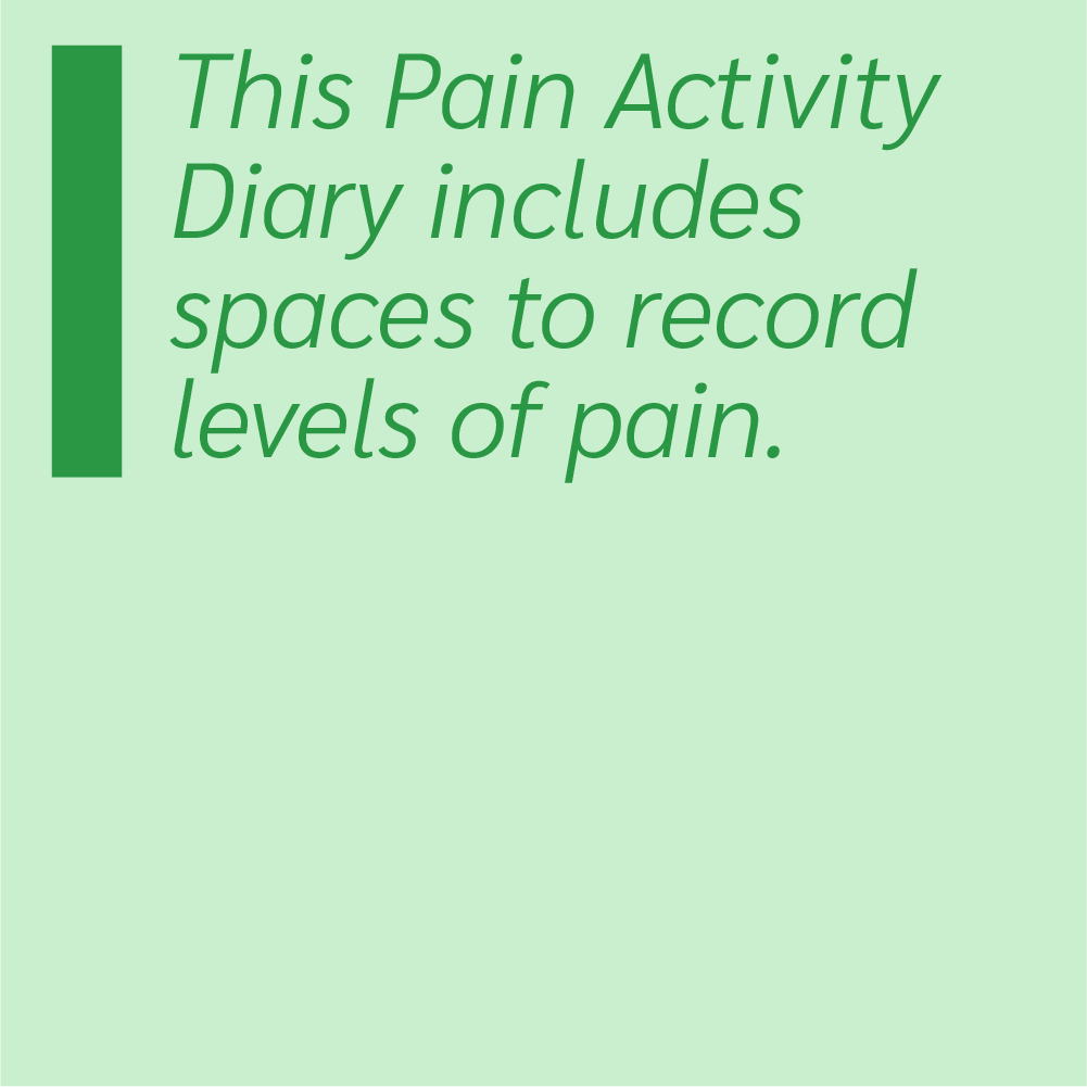 The Pain Activity Diary includes spaces to record levels of pain.