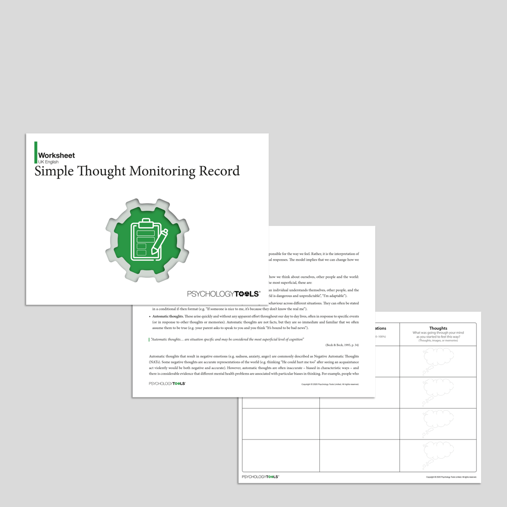 Simple Thought Monitoring Record CBT worksheet (Full resource pack)