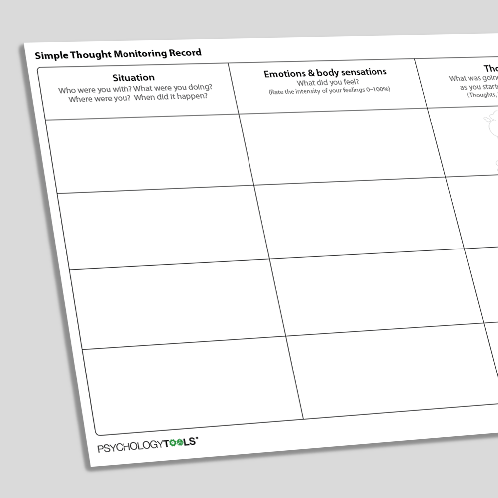 Simple Thought Monitoring Record CBT worksheet (angled)