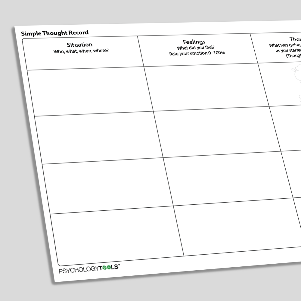 Simple Thought Record CBT worksheet (angled)