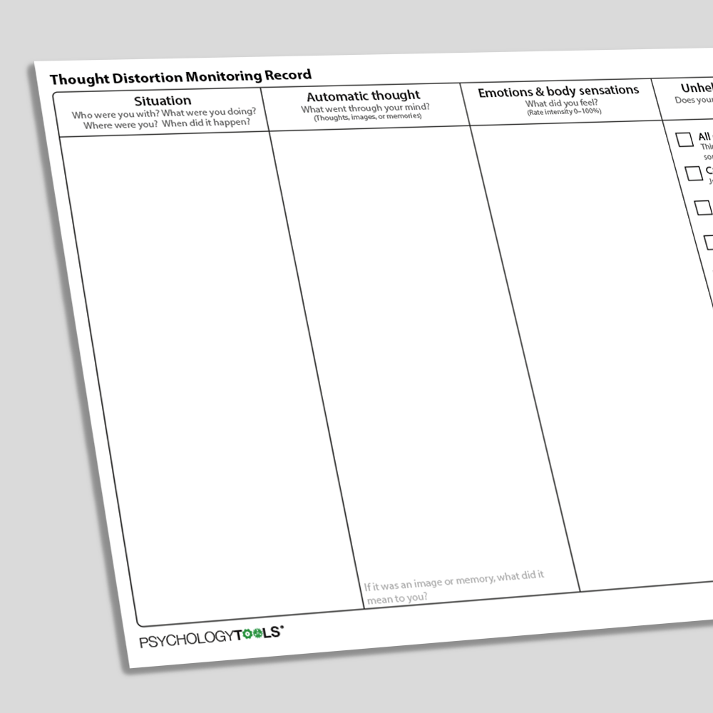 Thought Distortion Monitoring Record CBT Worksheet (angled)
