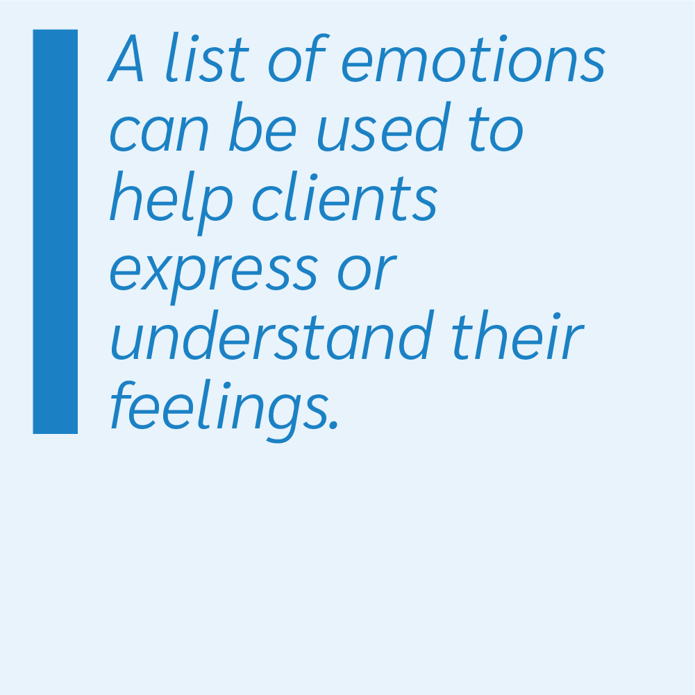 A list of emotions can be used to help clients express or understand their feelings.