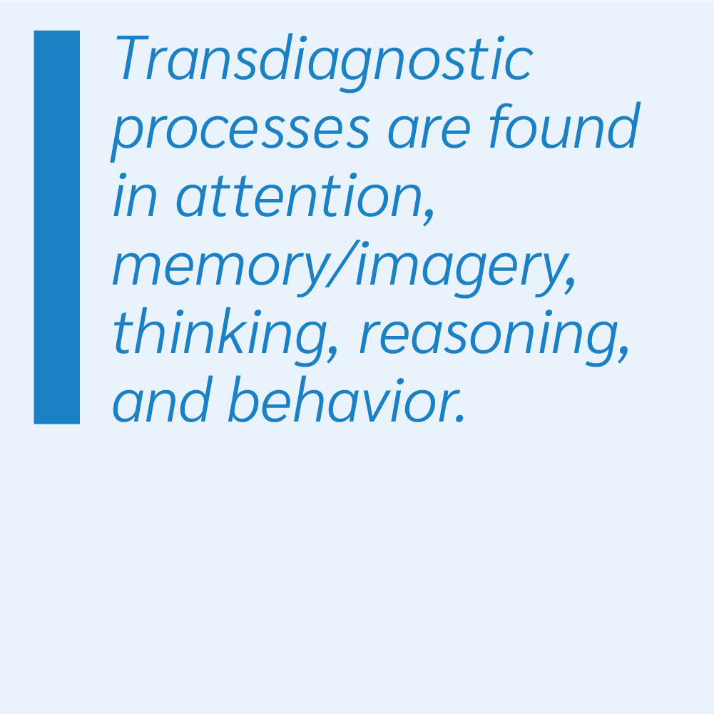 Transdiagnostic processes are found in attention, memory/imagery, thinking, reasoning, and behavior.