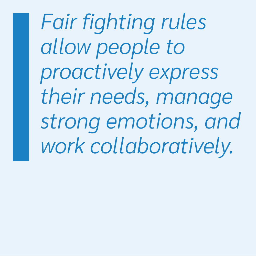 Fair fighting rules allow people to proactively express their needs, manage strong emotions, and work collaboratively.