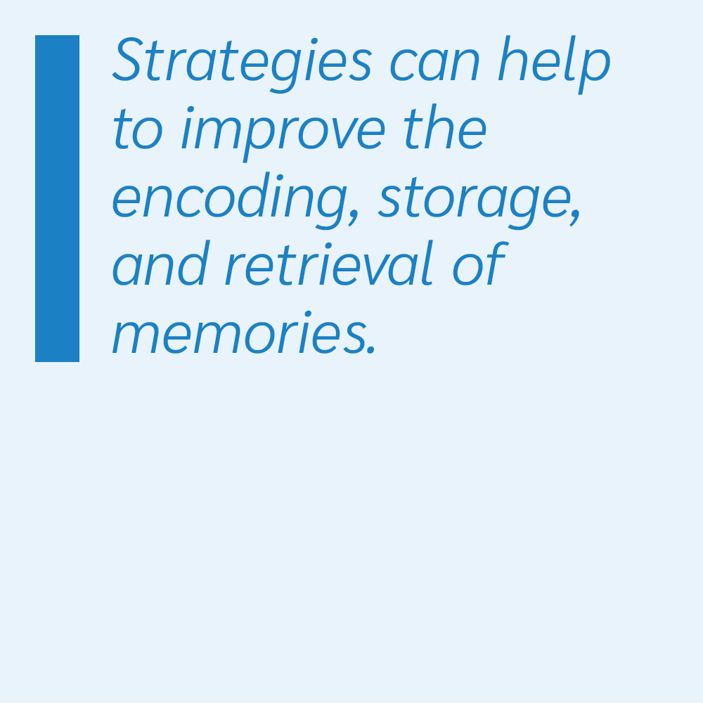 Strategies can help to improve the encoding, storage, and retrieval of memories.