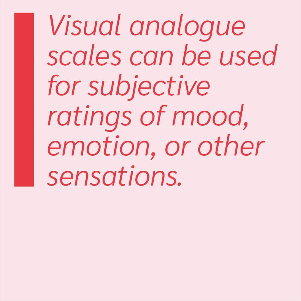 Visual analogue scales can be used for subjective ratings of mood, emotion, or other sensations.