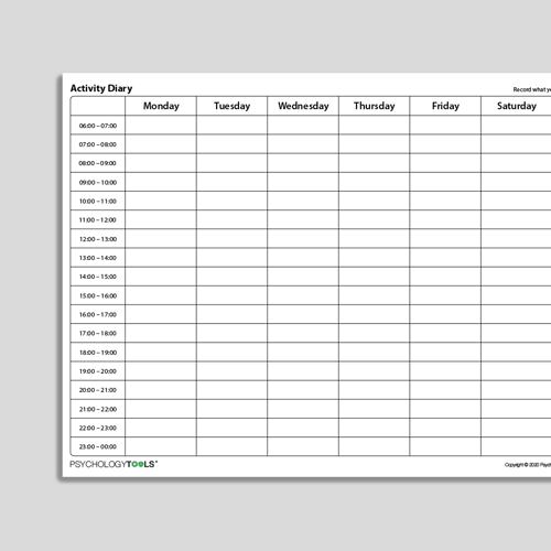Activity Diary Hourly Time Intervals CBT Worksheet