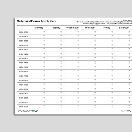 CBT daily activity diary with enjoyment and mastery ratings worksheet