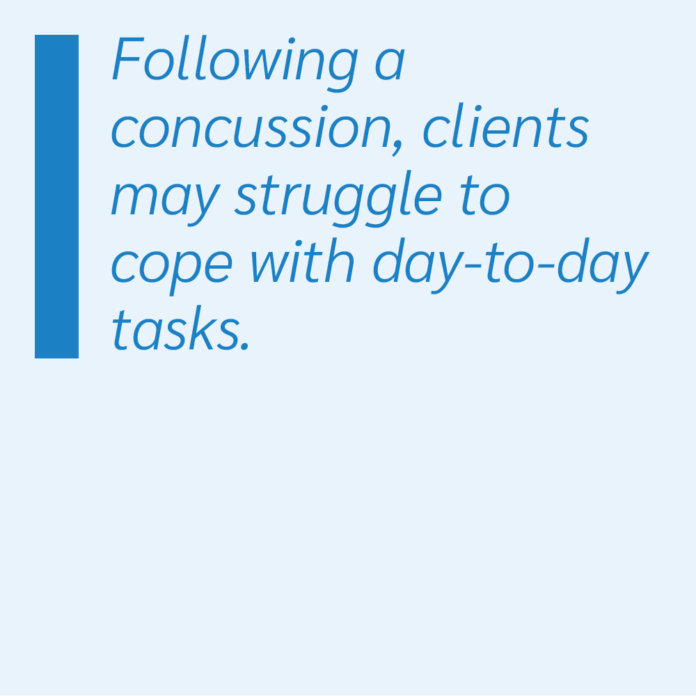 Following a concussion, clients may struggle to cope with day-to-day tasks.