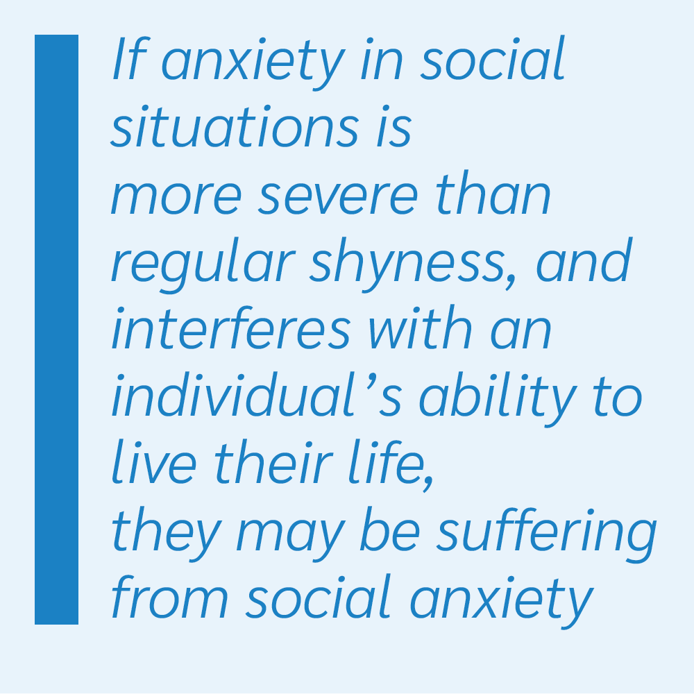 If anxiety in social situations is more severe than regular shyness, and interferes with an individual's ability to live their life, they may be suffering from social anxiety.