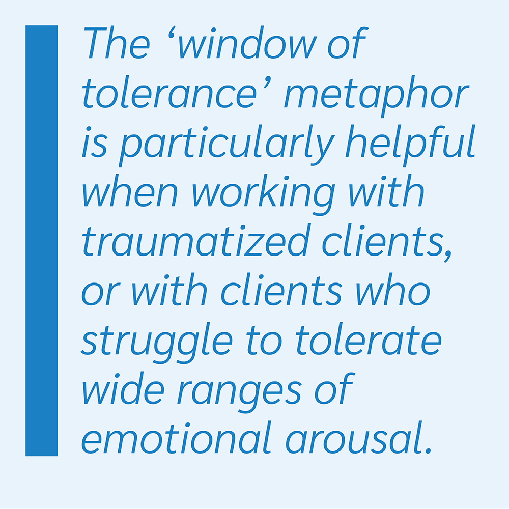 The 'window of tolerance' metaphor is particularly helpful when working with traumatized clients, or with clients who struggle to tolerate wide ranges of emotional arousal.