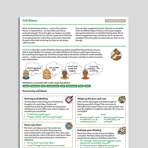 Psychology Tools information handout on Self-Blame, part of the cognitive distortions series.